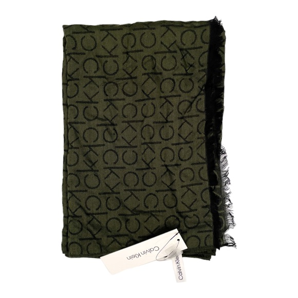 CALVIN KLEIN Monogram CK Logo-Print Pashmina Wrap Scarf Forest Green NWT - Picture 3 of 3